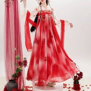 red camellia floral qixiong hanfu 3pc set - shirt + skirt + shawl(?)/ribbon
